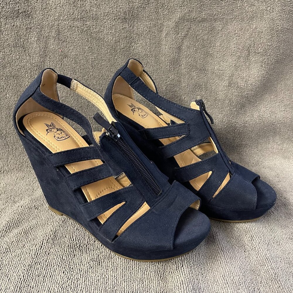Ashley A Women’s Size 8 Strappy Open Toe Platform Wedges Navy